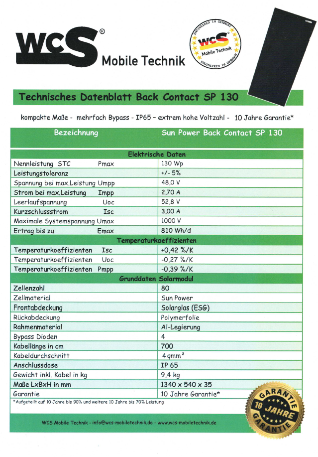 WCS Mobile Technik Sun Power Back Contact SP 130