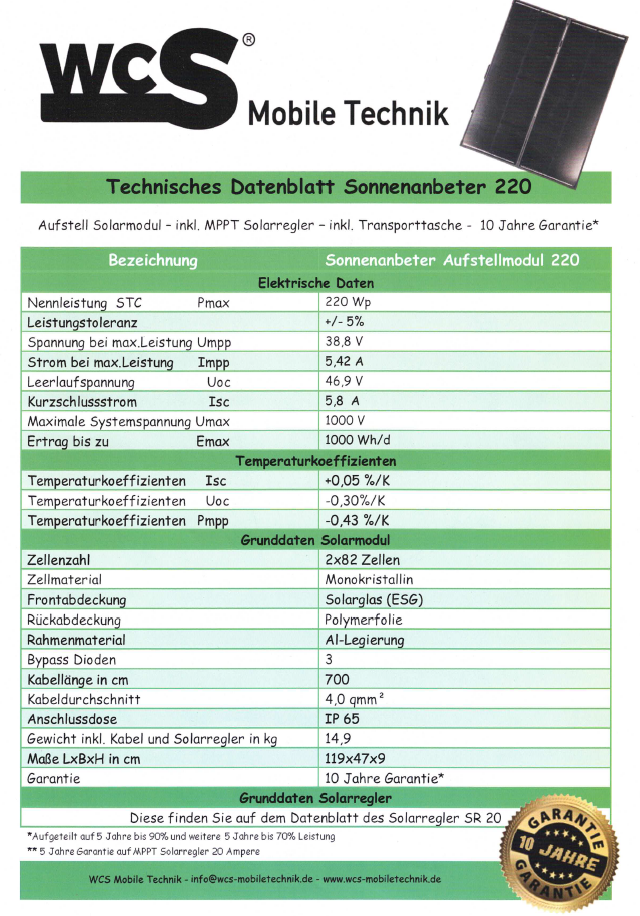 WCS Mobile Technik Sonnenanbeter 220 inkl. 20 Ampere MPPT Solarregler und Transporttasche