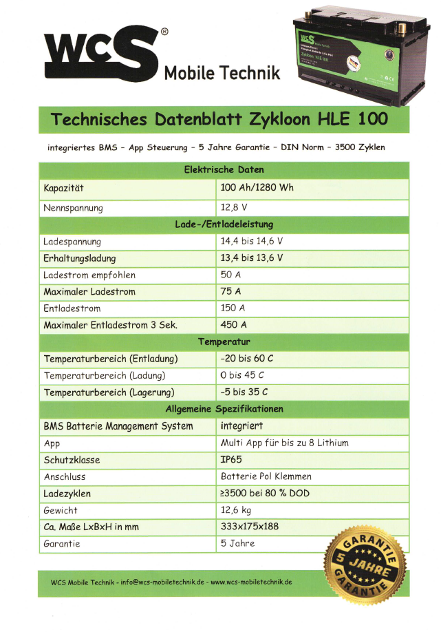 WCS Lithiumbatterie Zykloon HLE 100 (Euronorm), BMS, APP