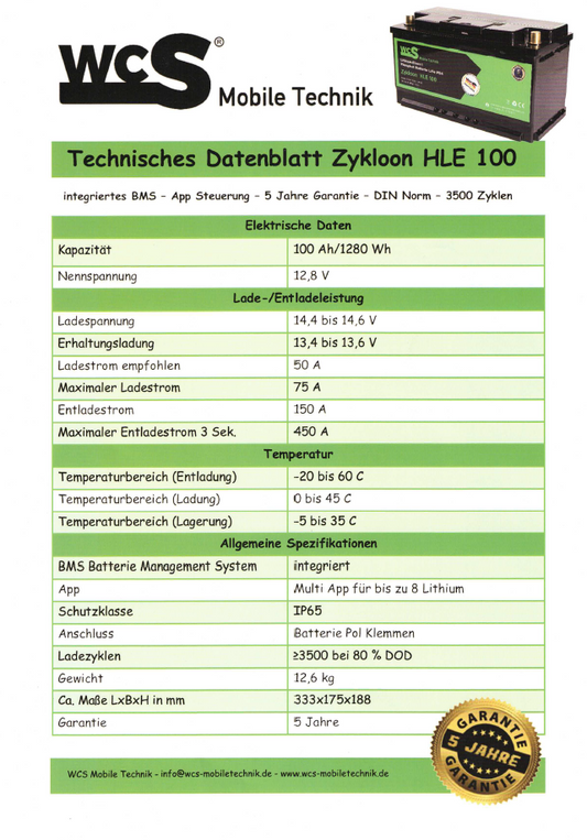 WCS Lithiumbatterie Zykloon HLE 100 (Euronorm), BMS, APP