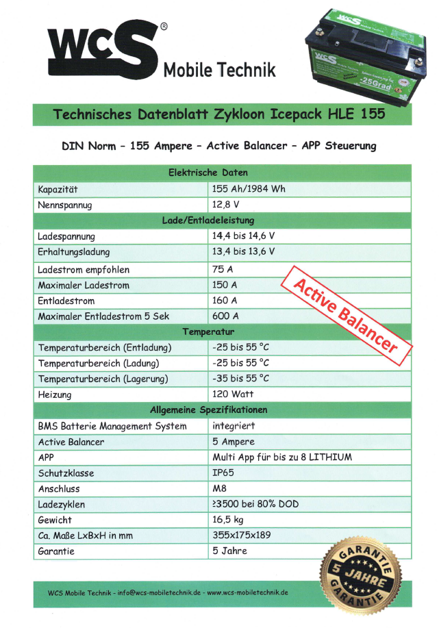 WCS Lithiumbatterie Zykloon Icepack HLE 155 BMS APP Heizung, Active Balancer