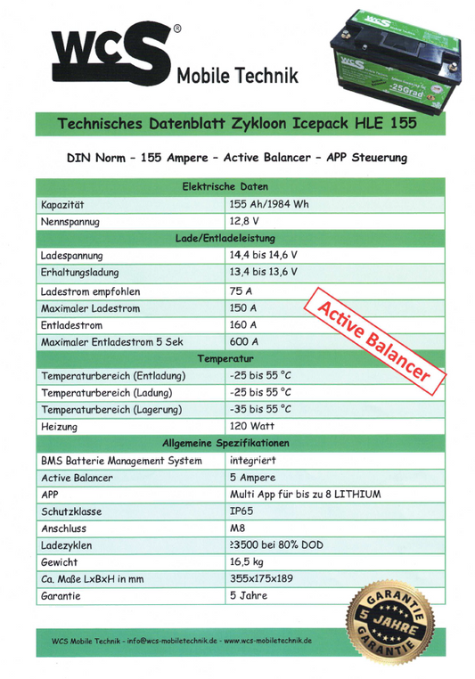 WCS Lithiumbatterie Zykloon Icepack HLE 155 BMS APP Heizung, Active Balancer